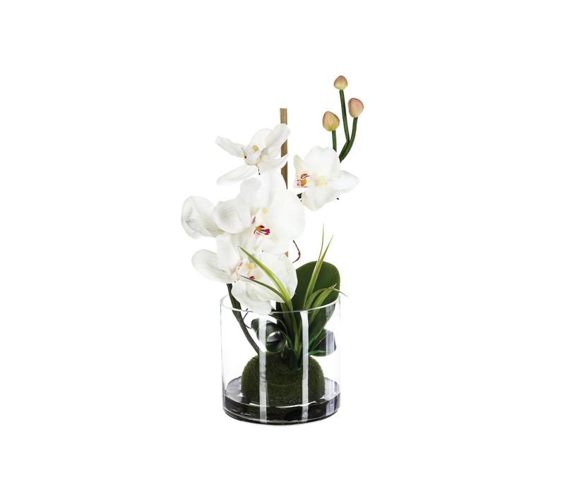 Composition Florale D'orchidées Artificielles Vase En Verre D. 18 X H. 35 Cm