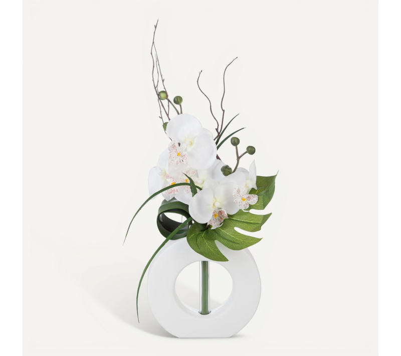 Composition Florale D'orchidées Artificielles Vase Blanc En Céramique H 45 Cm