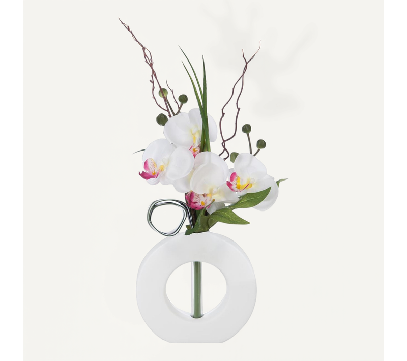 Composition Florale D'orchidées Artificielles Vase Blanc En Céramique H 45 Cm