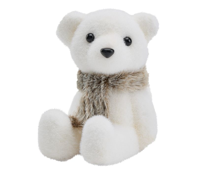 Déco De Noël Ours Blanc Assis Avec Écharpe Fourrure Marron H 19 Cm