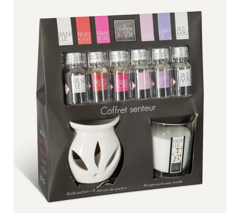 Coffret Senteur 8 Pièces 1 Brûle Parfum 6 Flacons D'huile Parfumée 1 Bougie Parfumée