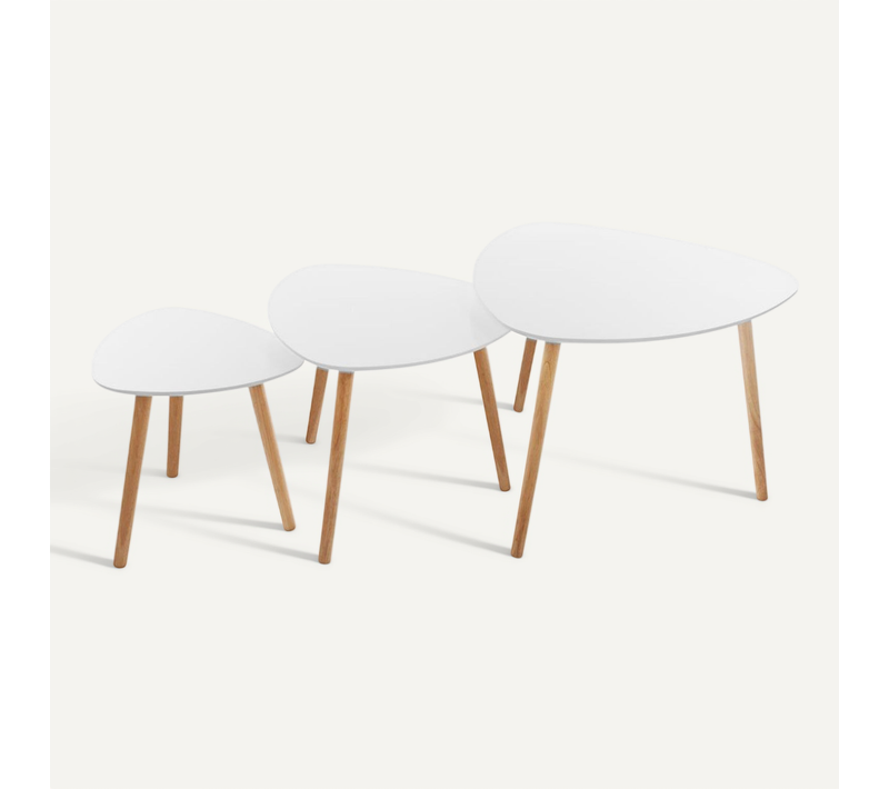 Lot De 3 Tables à Café Gigogne En Bois Blanc Et Pieds Bois Naturel