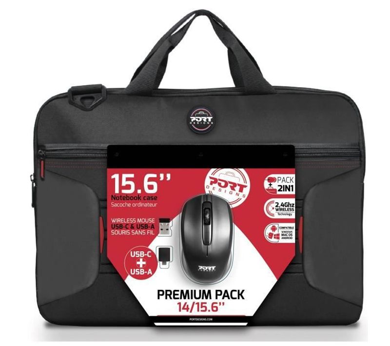 Premium Pack : Sacoche Pour PC Portable 15.6" + Souris Sans Fil + Dungle Usb et Adaptateur Type C