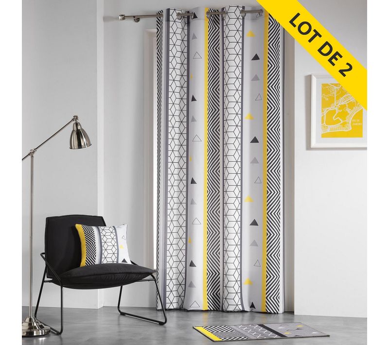 Lot De 2 Rideaux à Oeillets 140 X 260 Cm Polyester Imprime Yellow Mix