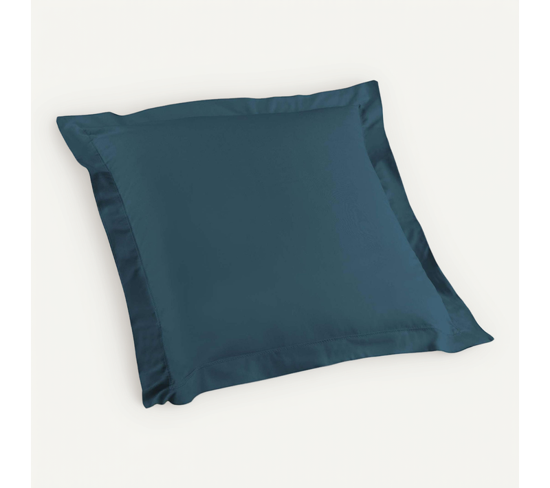 Lot De 2 Taies D'oreiller Volant Plat 63x63 100% Coton 57 Fils Finition Point Bourdon Bleu Nuit