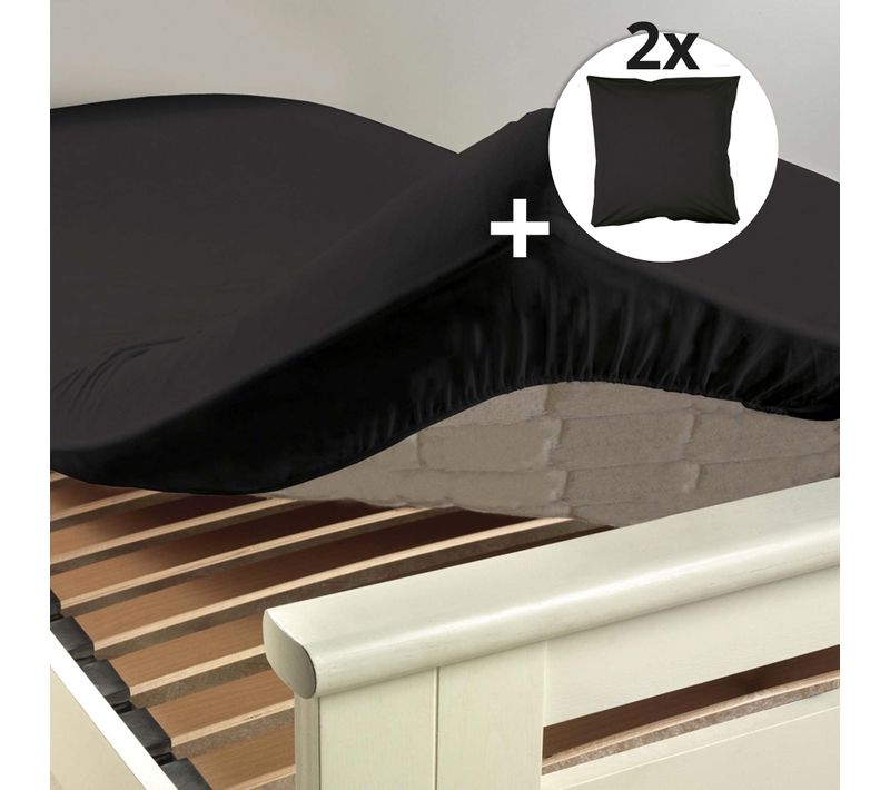 Pack Drap Housse 2 Personnes 160 X 200 + 2 Taies 63 X 63 Cm 100% Coton Couleur Noir