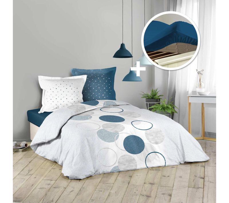 Pack Housse De Couette 260x240 Cm  Voie Lactee + Drap Housse 160 X 200 Bleu