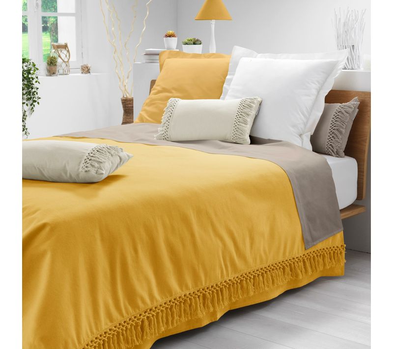 Couvre-lit 1 Personne 180 X 220 Cm – Coton Uni à Franges Salma Jaune