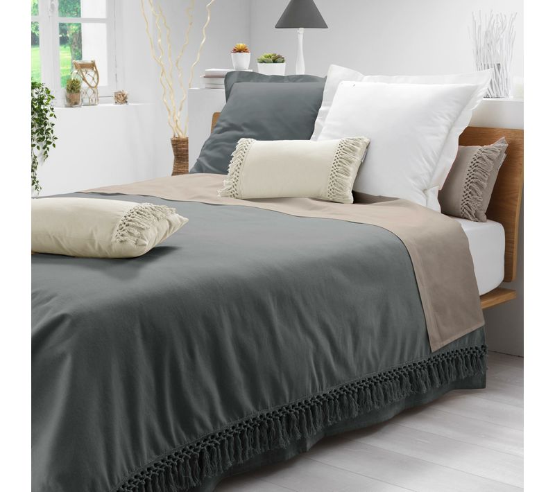 Couvre-lit 1 Personne 180 X 220 Cm – Coton Uni à Franges Salma Anthracite