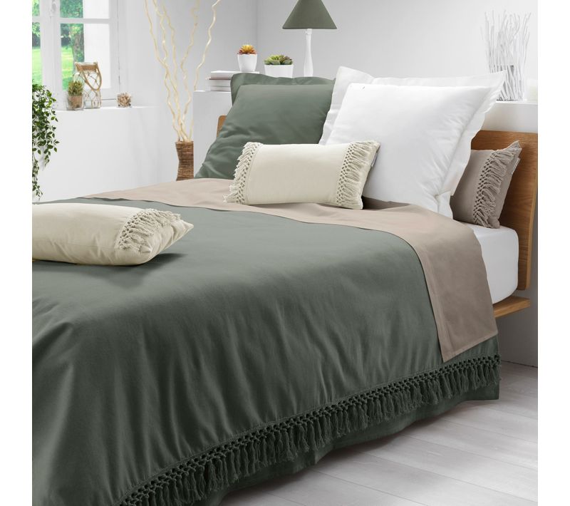 Couvre-lit 1 Personne 180 X 220 Cm – Coton Uni à Franges Salma Kaki