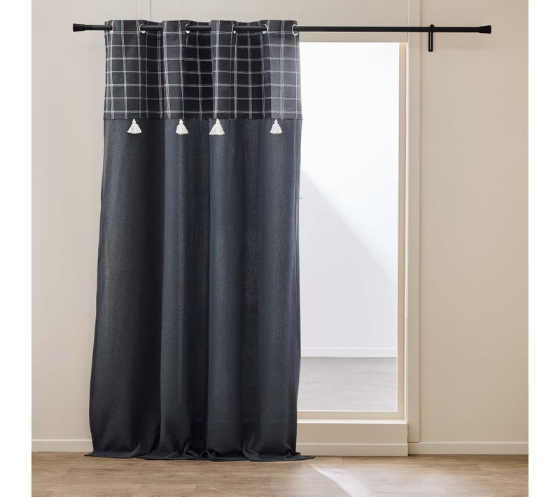 Rideau à Oeillets Avec Haut à Carreaux Et Pompons En Polycoton - 140x240 Cm - Gris Anthracite