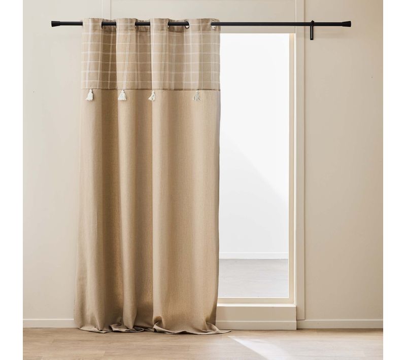 Rideau à Oeillets Avec Haut à Carreaux Et Pompons En Polycoton - 140x240 Cm - Sable