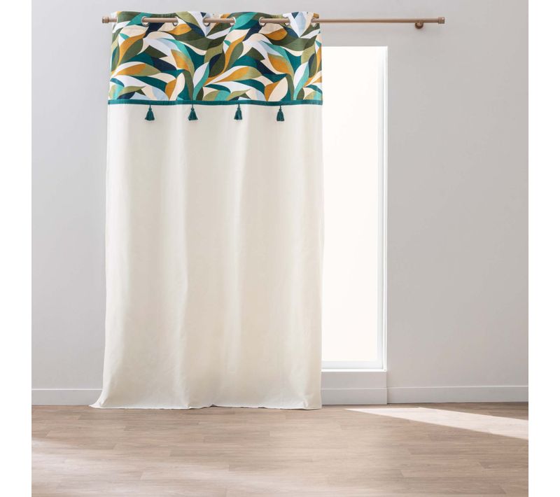 Rideau à Oeillets Polycoton Avec Top Feuillage Graphique Et Pompons - 140x240 Cm - Bleu