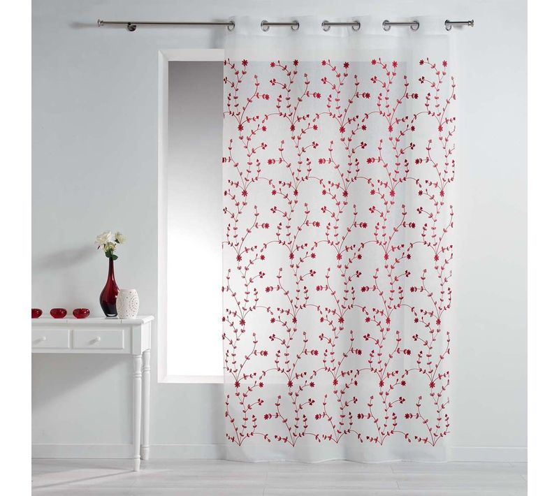 Rideau Voilage à Oeillets "petite Fleur" 140x240cm Blanc et Rouge