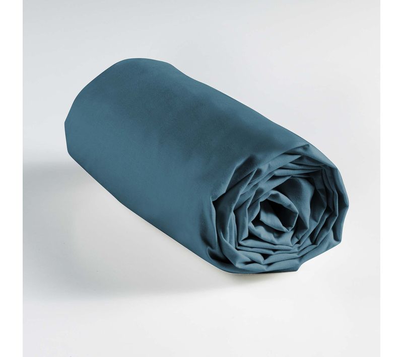Drap Housse 2 Personnes 180 X 200 Cm Uni 57 Fils Lina Bleu Nuit