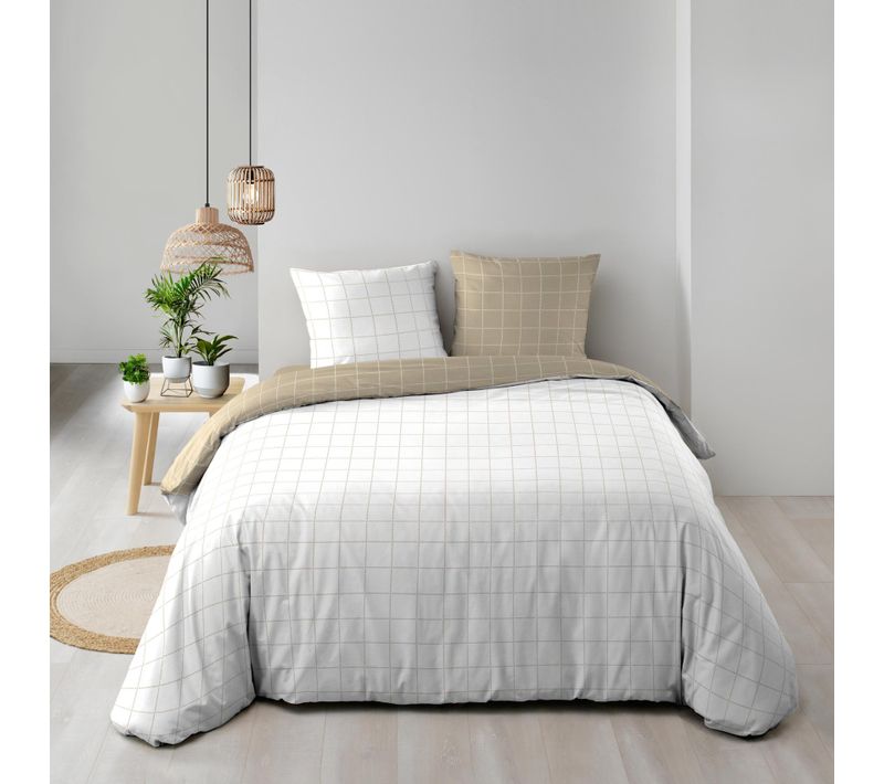 Parure De Lit Réversible En Coton Motif Carreaux - 240x220 Cm - Naturel