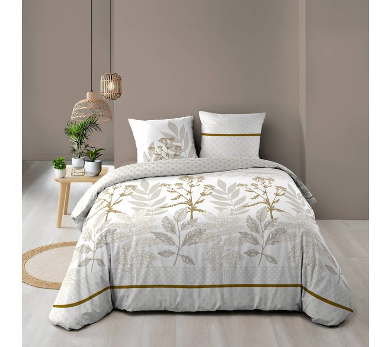 Parure De Lit Coton Motif Feuillage Double Face Imprimée - 240x220 Cm - Naturel