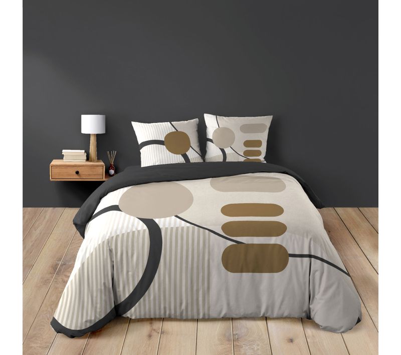 Parure De Lit Coton Motif Géométrique Double Face Imprimée - 240x220 Cm - Naturel