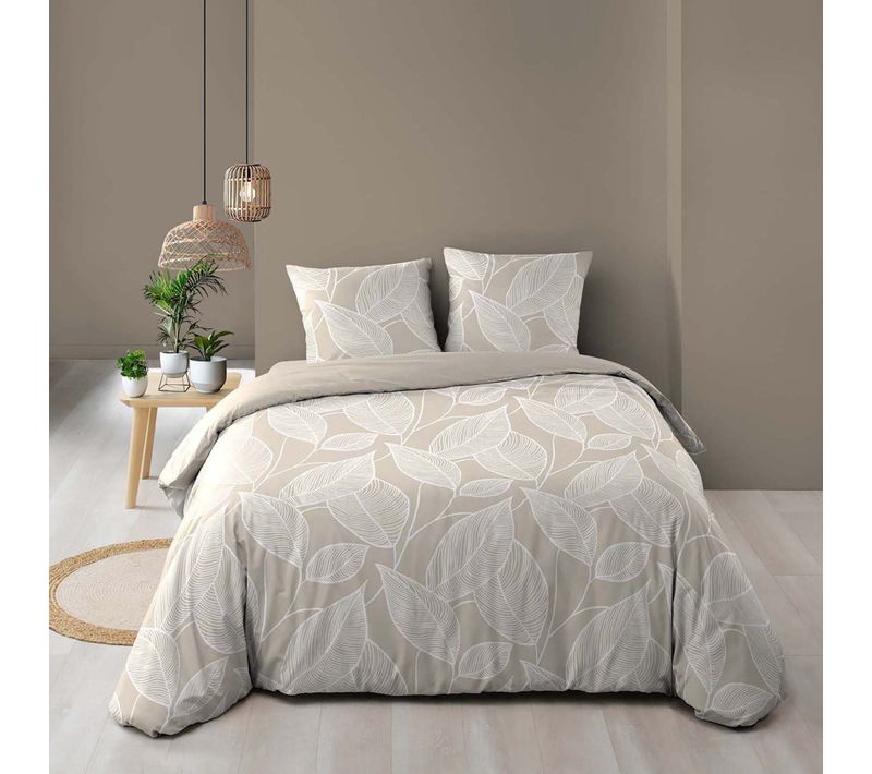 Parure De Lit 3 Pièces En Coton à Motif Feuilles Housse + Taies - 240x220 Cm - Naturel