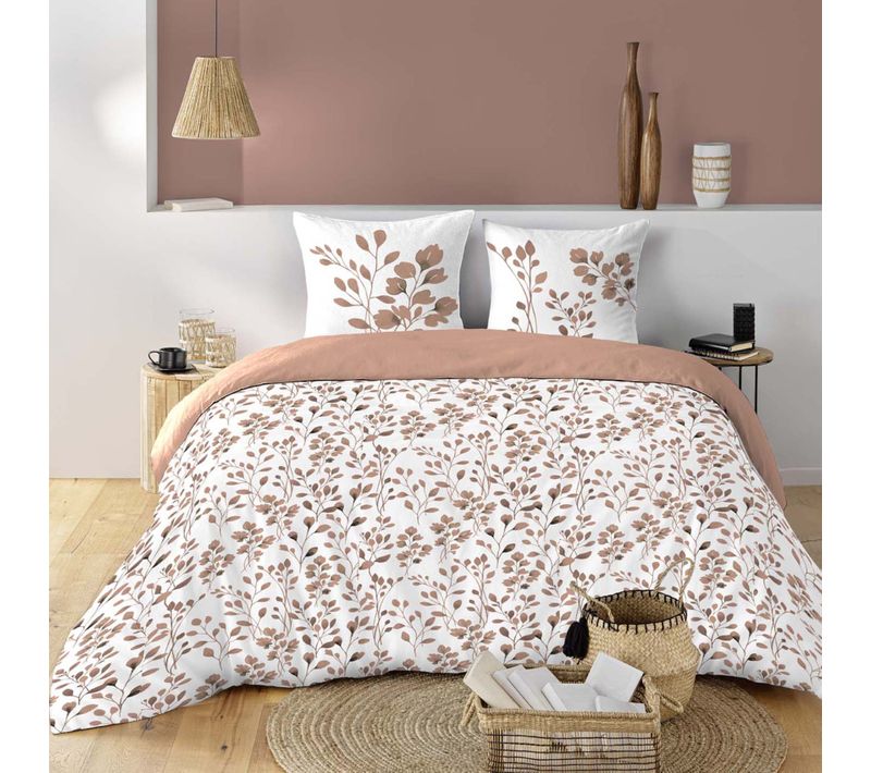 Parure De Lit 3 Pièces En Coton à Motif Feuillage Housse + Taies - 240x220 Cm - Rose