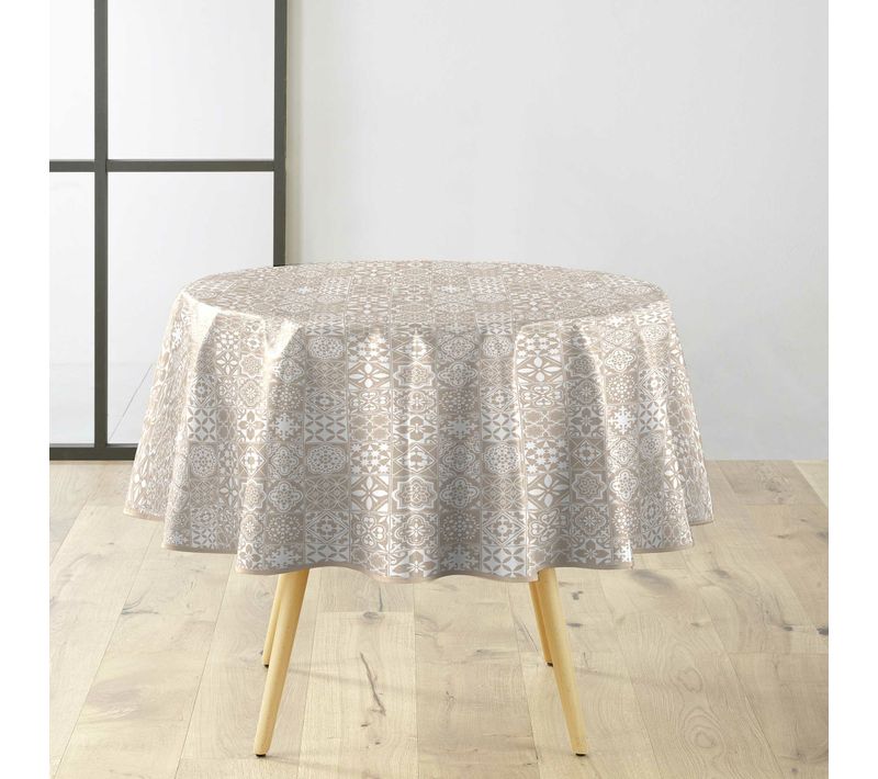 Nappe Ronde Ø160 Cm Pvc Imprimé – Finition Biais – Carrella Blanc