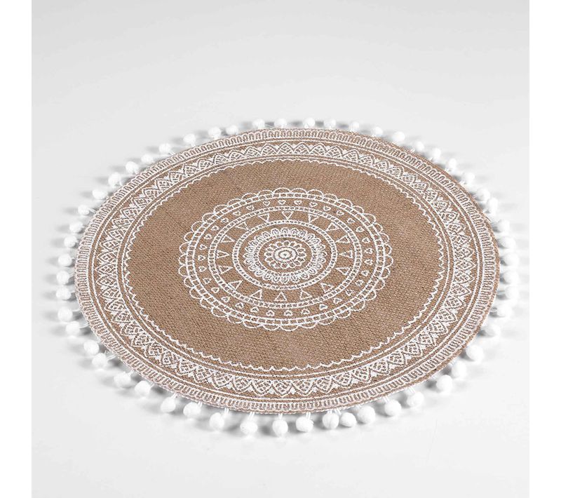 Set De Table Rond En Jute Avec Pompons - D. 38 Cm - Blanc