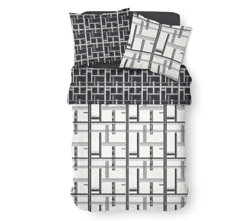 Parure De Lit 2 Personnes Imprimé Géométrique Coton Sunshine Basil Noir