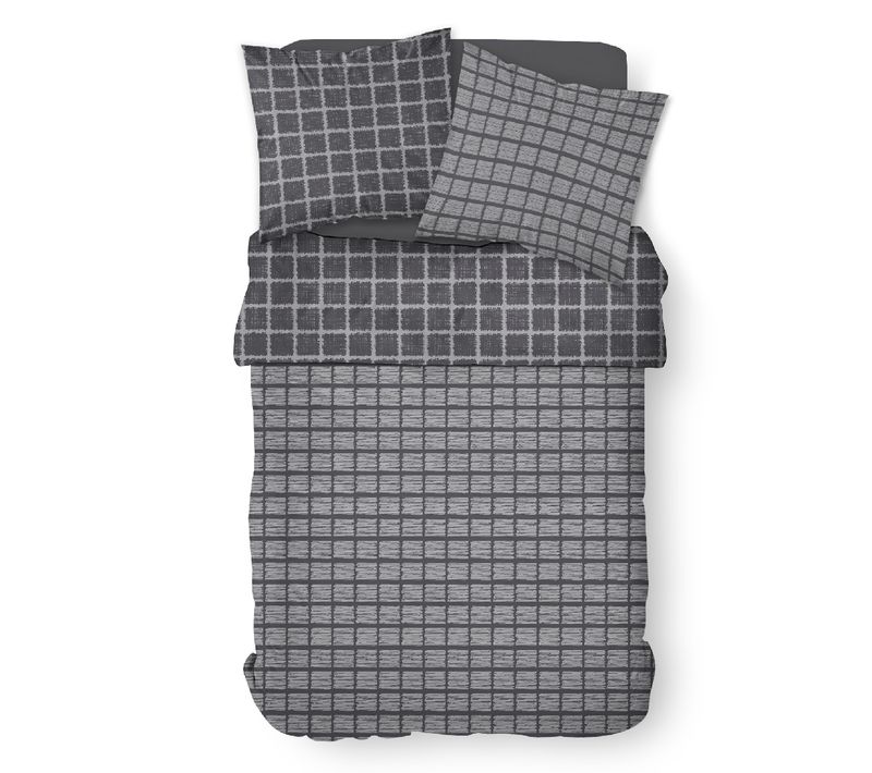 Parure De Lit 2 Personnes Imprimé à Carreaux Coton Sunshine Adel 240x260 Cm Gris