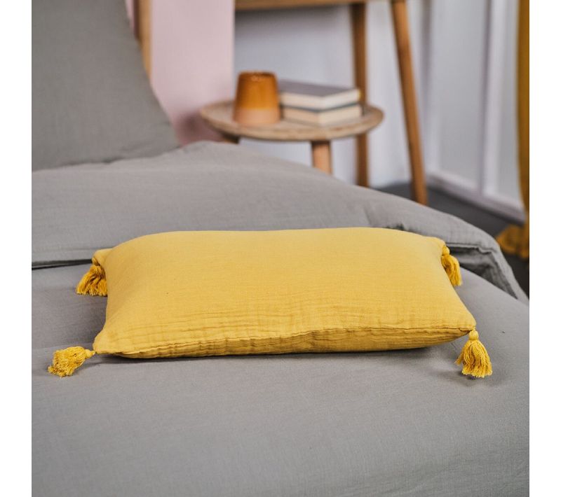 Coussin Déhoussable à Pompons Uni Gaze De Coton Indian Flowers Jaune