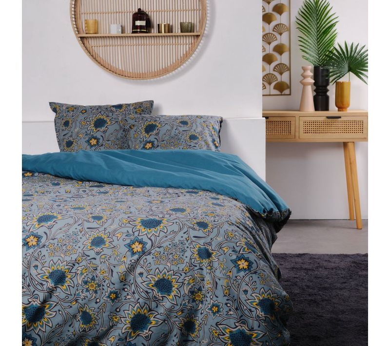 Parure De Lit Imprimé Floral Coton Sunshine Romy 220x240 Cm Bleu