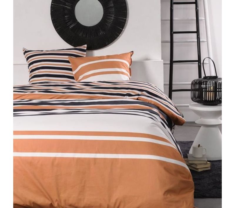 Parure De Lit 2 Personnes - 240x220 Cm - 100% Coton - Orange - Noir Et Blanc