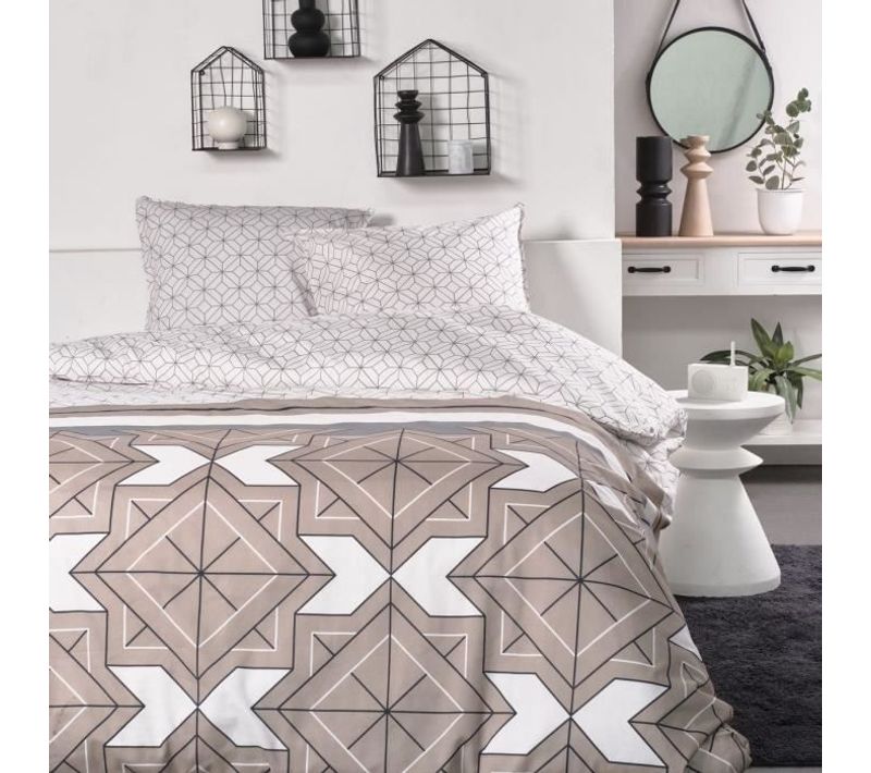 Parure De Lit 2 Personnes - 240x200 Cm - 100% Coton - Beige, Noir Et Blanc