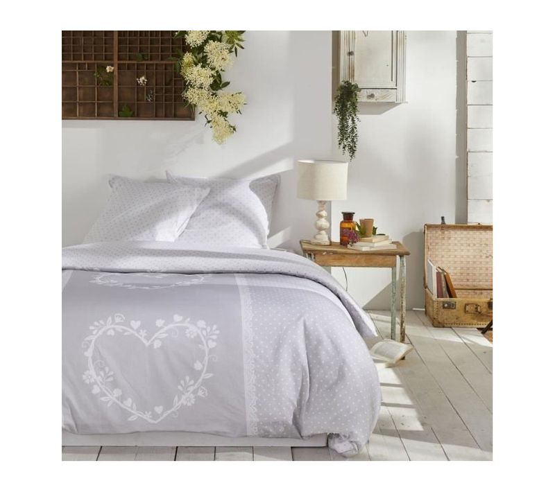 Parure De Lit Imprimé à Pois Coton Charme 240x220 Cm Gris Clair