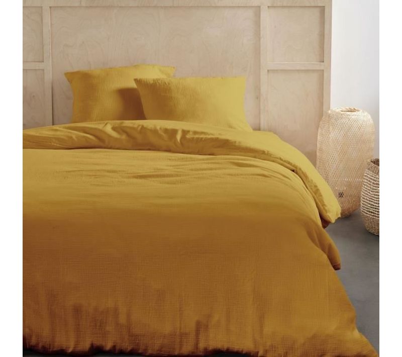 Parure De Lit - 123669 - 2 Personnes - 260x240 Cm - Gaze De Coton Unie - Ocre