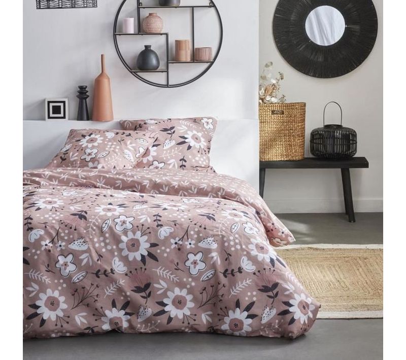 Housse De Couette 220x240 Cm 100% Coton, Motif Floral Rose, 2 Taies 63x63