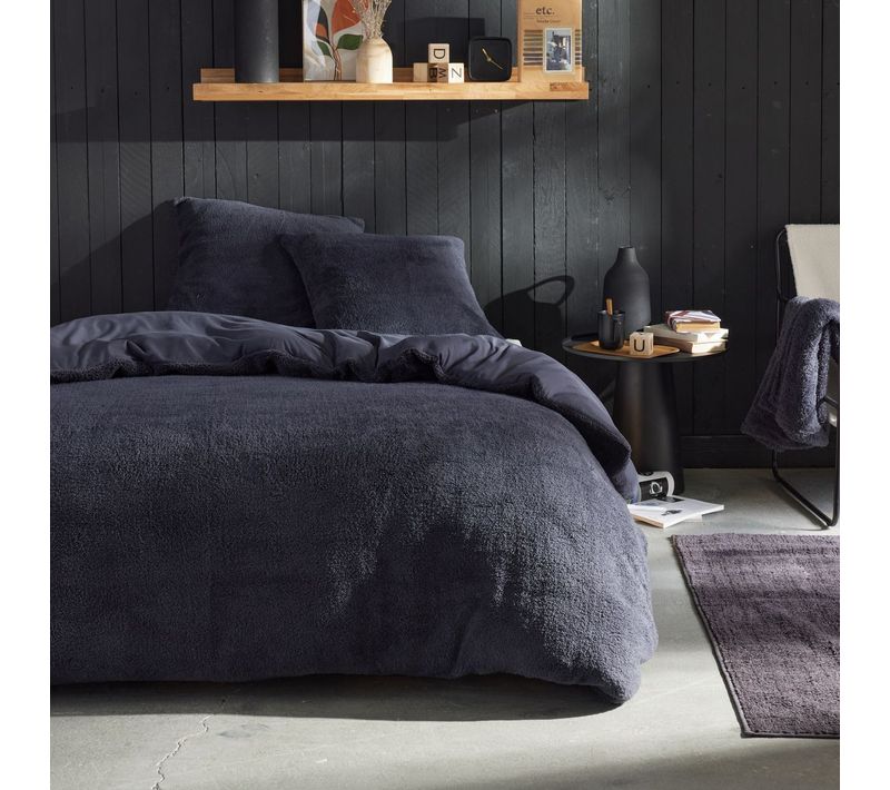 Housse De Couette Teddy 240x220 Cm + 2 Taies 63x63 Cm - Gris Anthracite