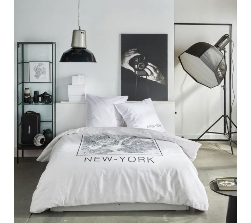 Parure De Lit - Java - 2 Personnes - 240x220 Cm - Coton - Imprimé New York - Blanc