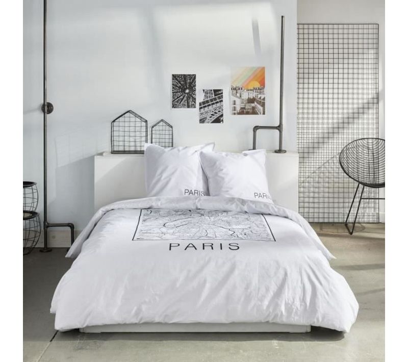 Parure De Lit - Java - 2 Personnes - 240x220 Cm - Coton - Imprimé Paris - Blanc