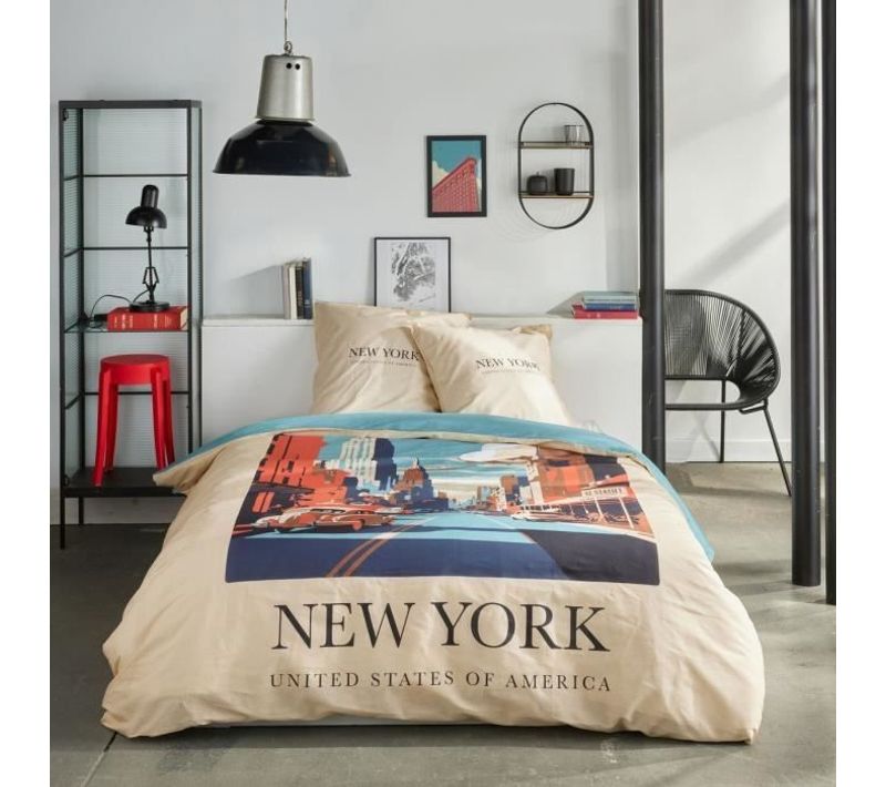 Parure De Lit - Java - 2 Personnes - 240x220 Cm - Coton - Imprimé New York - Beige