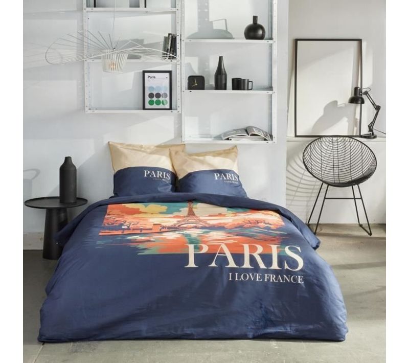 Parure De Lit - Java - 2 Personnes - 240x220 Cm - Coton - Imprimé Paris - Bleu