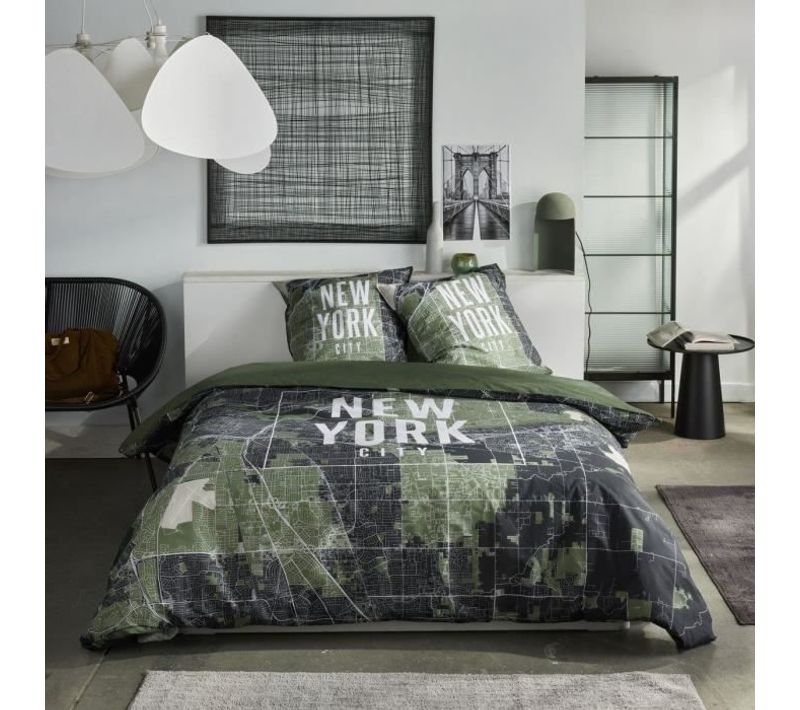 Parure De Lit - Java - 2 Personnes - 240x220 Cm - Coton - Imprimé New York - Vert