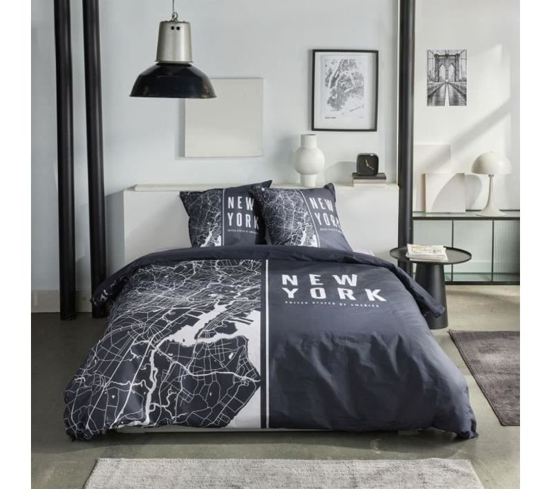 Parure De Lit - Java - 2 Personnes - 240x220 Cm - Coton - Imprimé New York - Noir