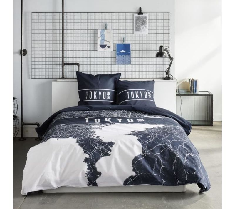 Parure De Lit - Java - 2 Personnes - 240x220 Cm - Coton - Imprimé Tokyo - Bleu Foncé