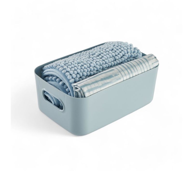 Set De Douche 3 Accessoires Rideau Tapis Panier Bathroom Bleu