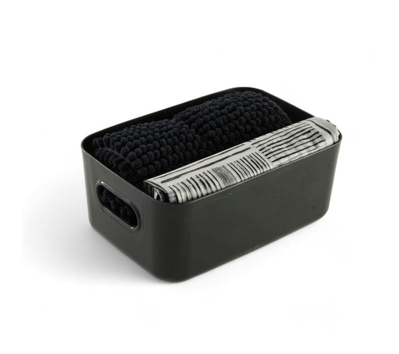 Set De Douche 3 Accessoires Rideau Tapis Panier Bathroom 180x180cm Noir