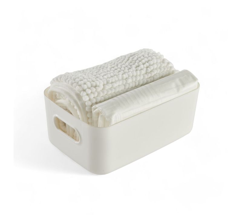 Set De Douche 3 Accessoires Rideau Tapis Panier Bathroom 180x180cm Blanc