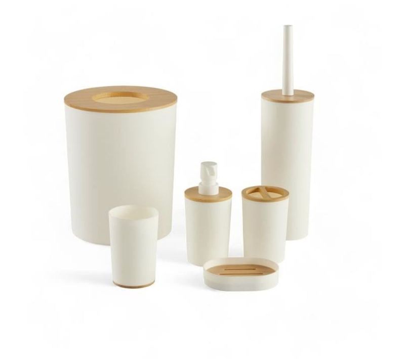 Set D’accessoires De Salle De Bain Blanc Avec Bambou, 6 Pièces Et Poubelle 7 L