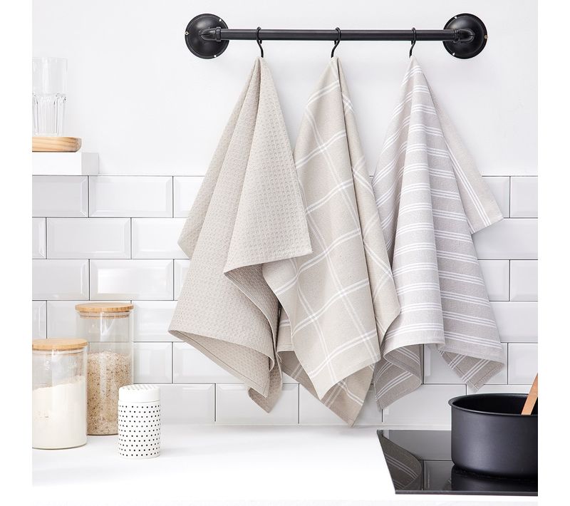 Lot De 3 Torchons Imprimé à Carreaux Essential Beige