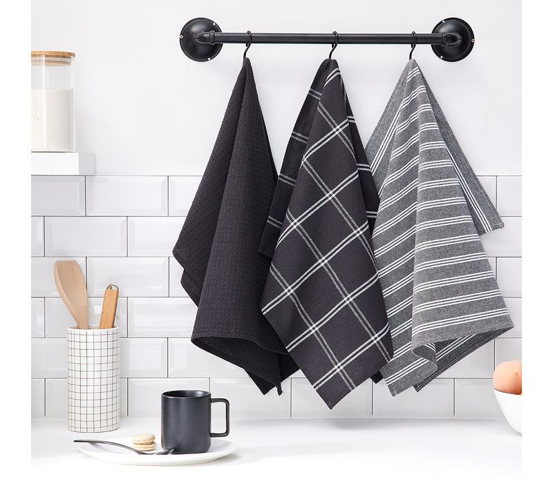 Lot De 3 Torchons Imprimé à Carreaux Essential Gris Anthracite