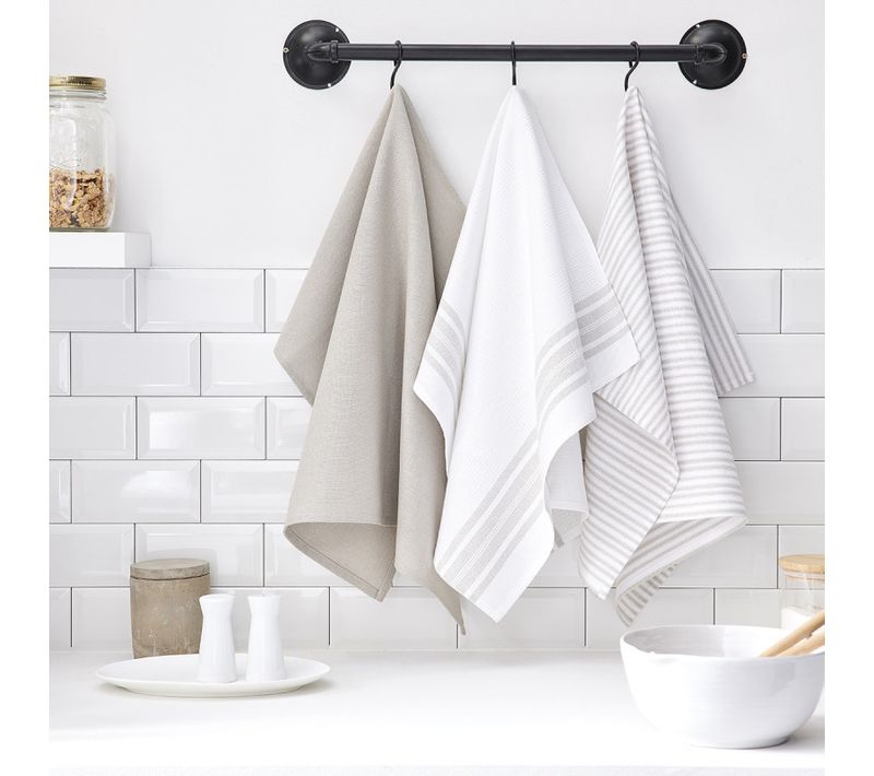 Lot De 3 Torchons Imprimé Rayures Essential Beige